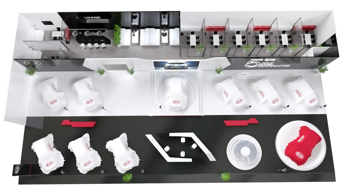 Rendu 3D en vue de dessus : plan du stand Kia, zones d’exposition, podiums et lounge.