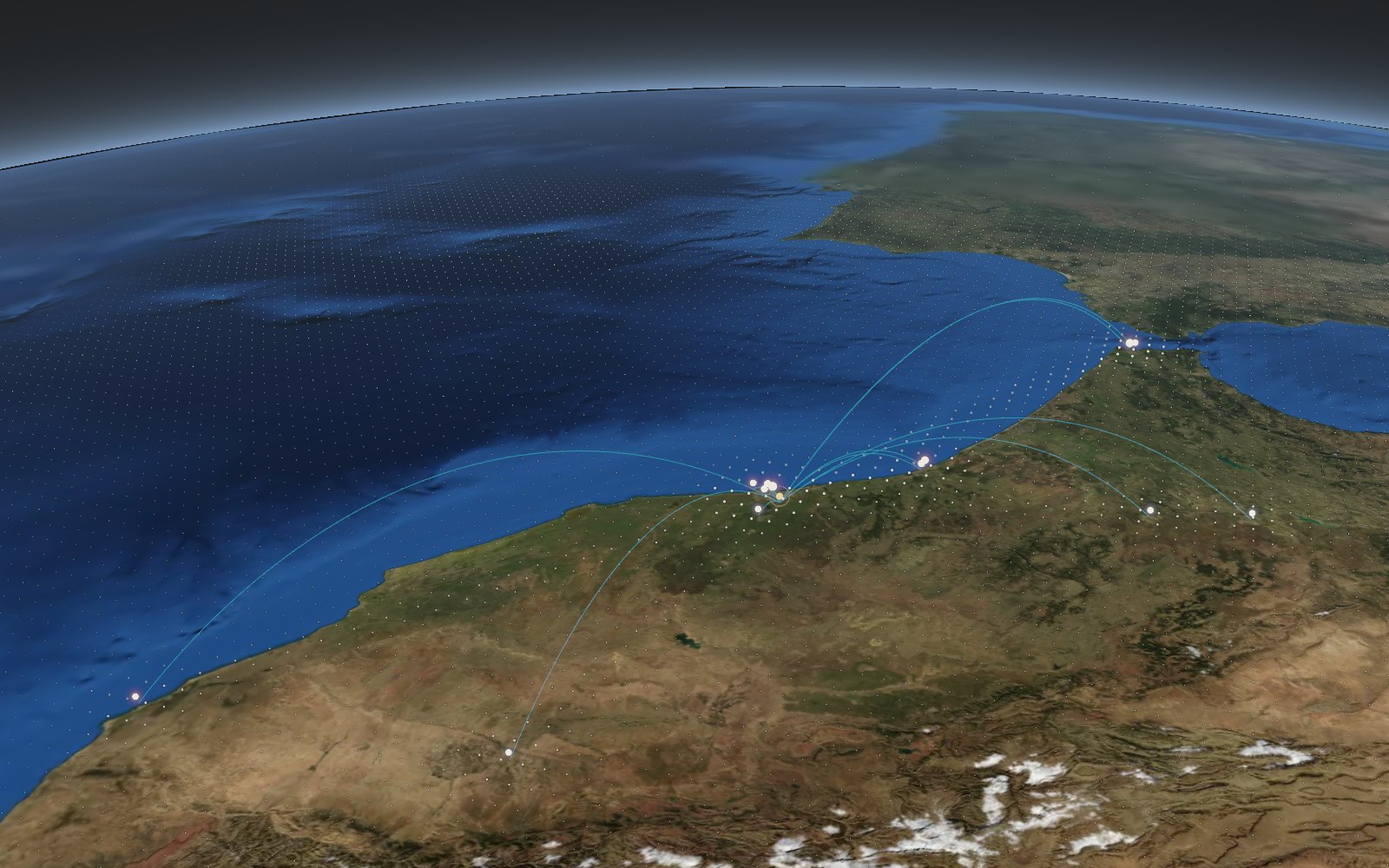 Le Maroc sur le globe, vu en oblique vers l’Atlantique et l’horizon courbe : les lieux de chantier de Tanger à Essaouira, reliés à l’atelier par des arcs en patine.
