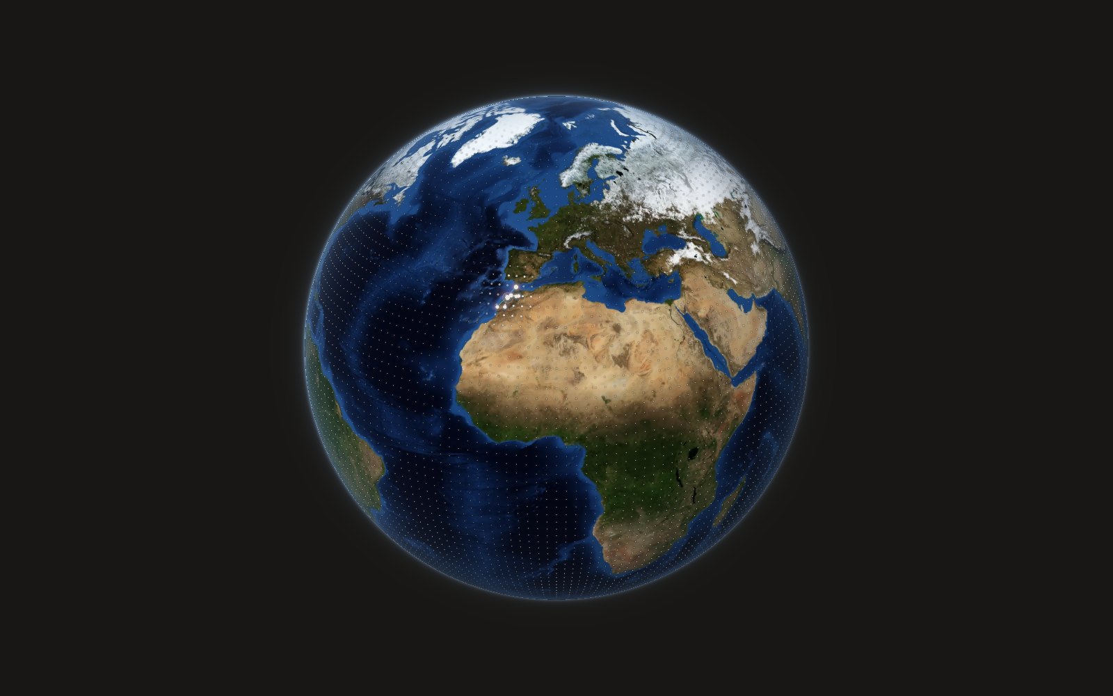 Le globe terrestre en vraies couleurs (image satellite NASA), couvert d’une trame de points, sans frontières dessinées ; au Maroc, les lieux de chantier forment une grappe de lumière.