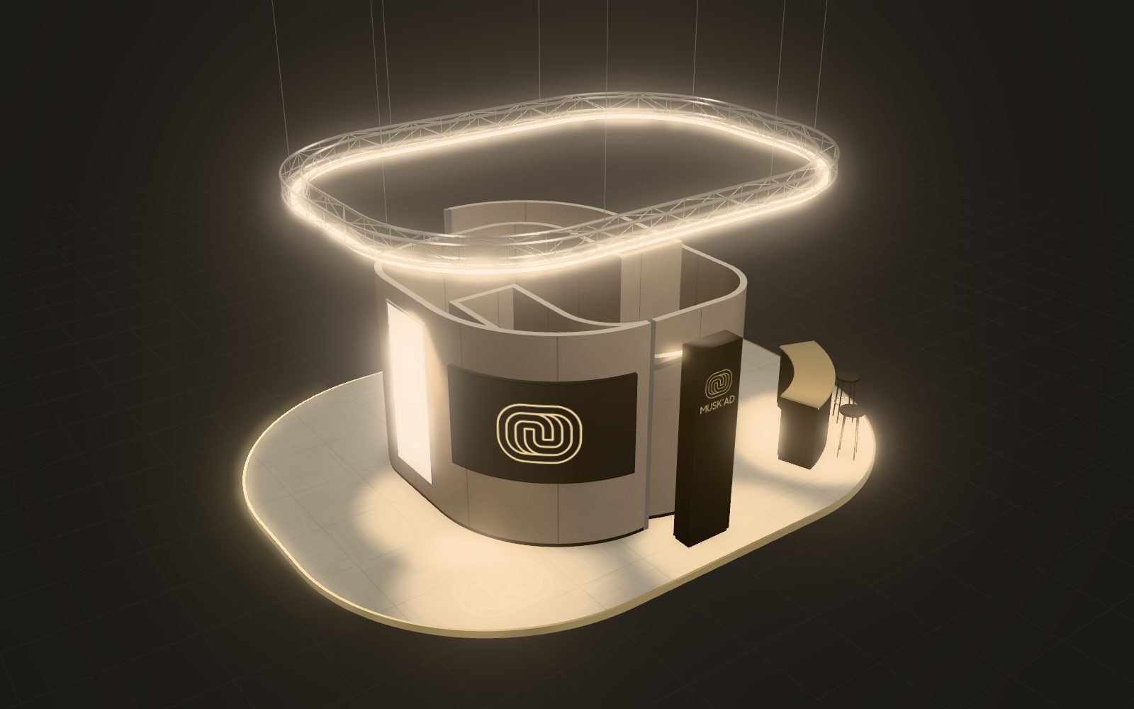 Le même stand, sous le même angle, au jour J : lumière de scène, anneau lumineux, écran LED et caisson allumés.